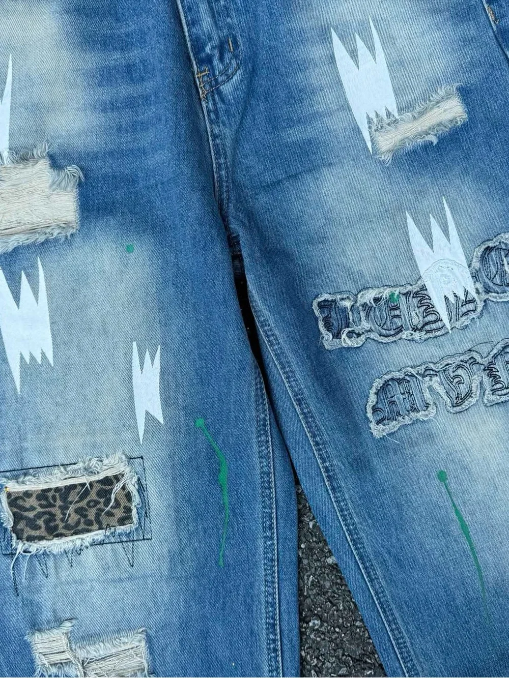 Chrome Hearts Blue Distressed Straight Jeans with Paint Accents